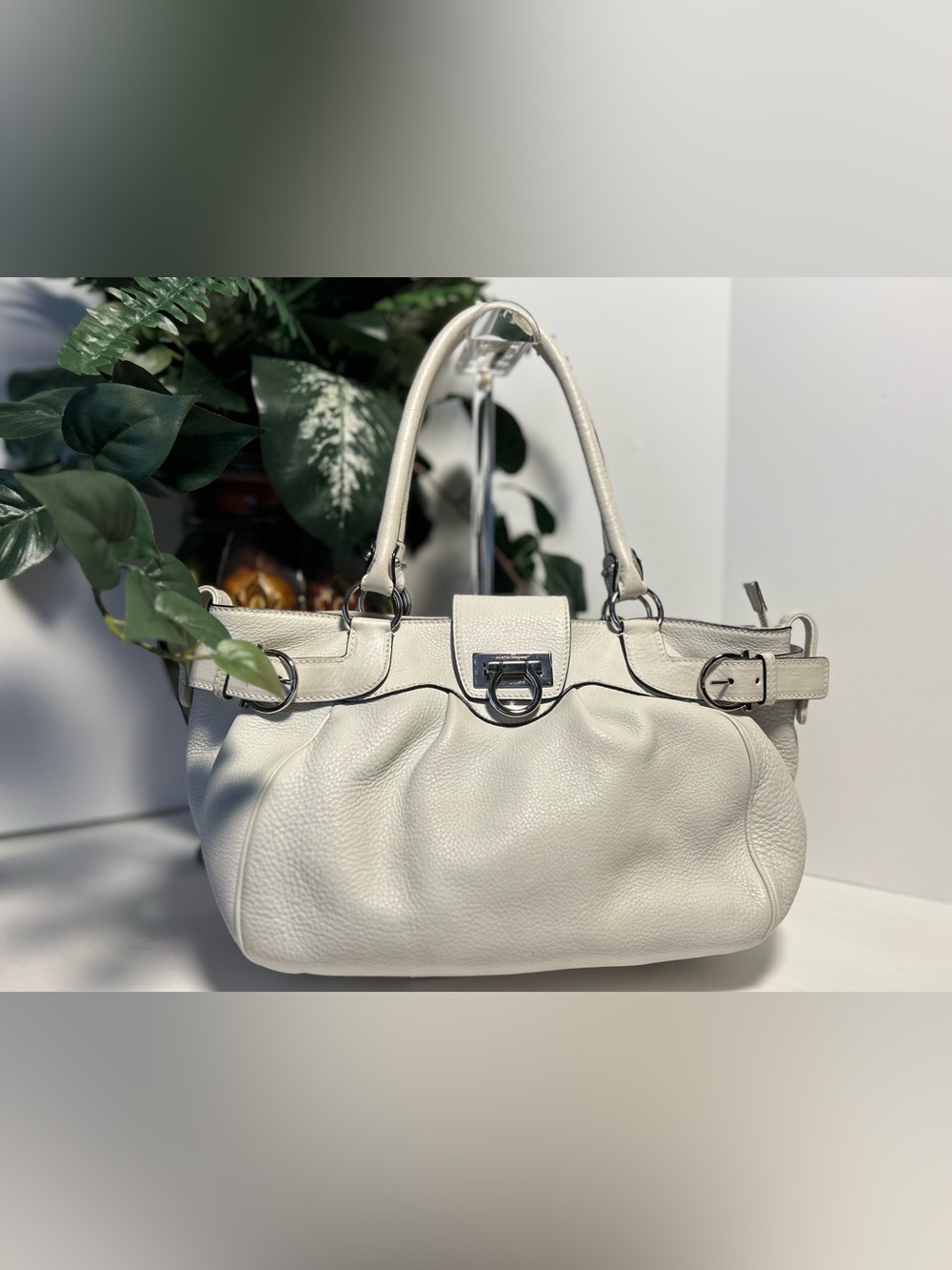 Salvatore Ferragamo White Leather Shoulder Bag with Silver Hardware